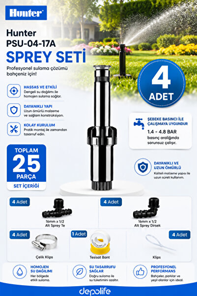 Depolife Hunter PSU-04-17A 4 Adet Pop-Up Sprey Fıskiye Seti 16 mm Bağlantı Ap...