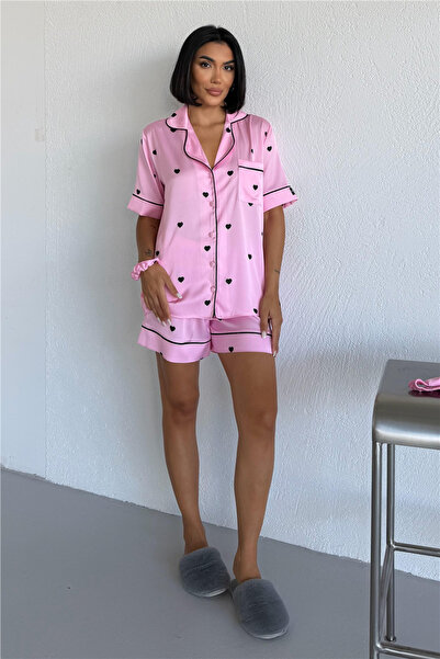 COCCOLARSI Cuori Neri Rosa Saten Kısa Pijama Takımı