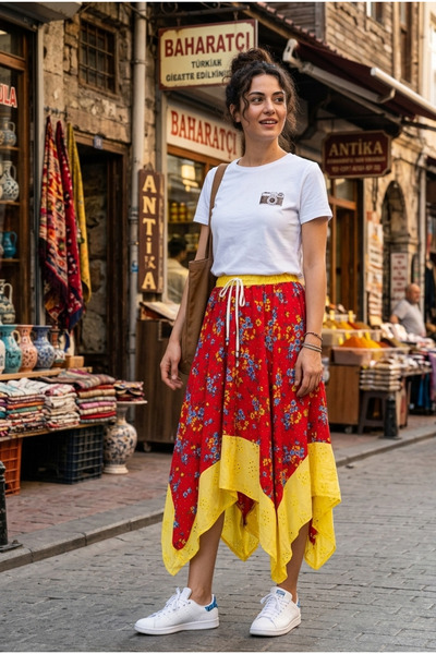 ÇATI KATI Vintage By Meral Karaarslan Tasarımı Asimetrik Kesim Bohem Etek - K...