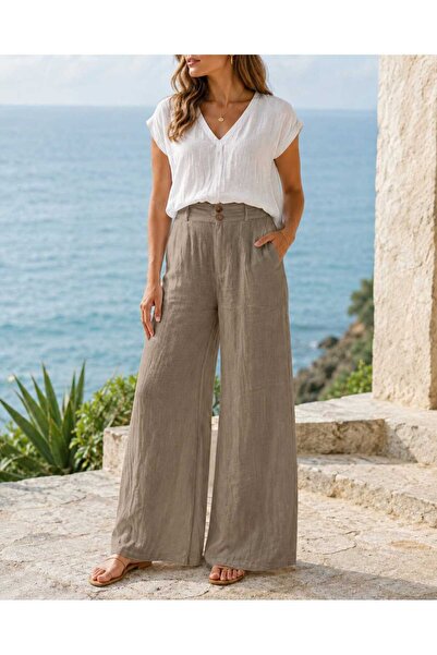 Butik Şans Women's Button Detailed Pocketed Wide Leg Summer Cotton Trousers