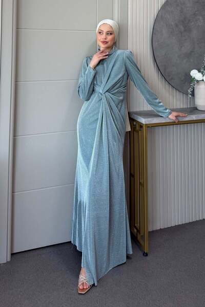 Şulemoda Giyim Nazen Stone Draped Evening Dress Gray
