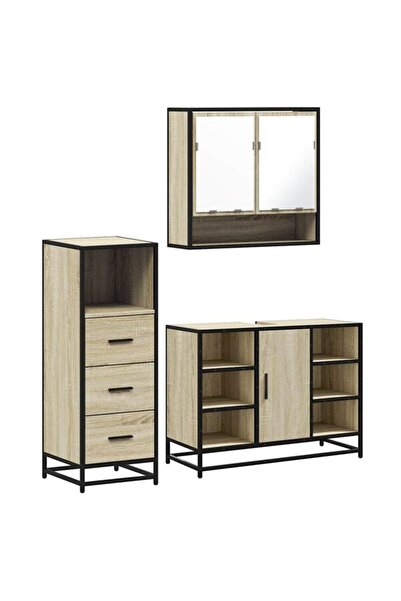 vidaxl Set mobilier baie din 3 piese, Stejar Sonoma, Lemn prelucrat