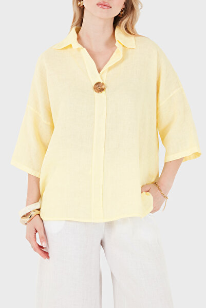 Via Dante Button Detailed Classic Collar Linen Blouse Bluz 6617777