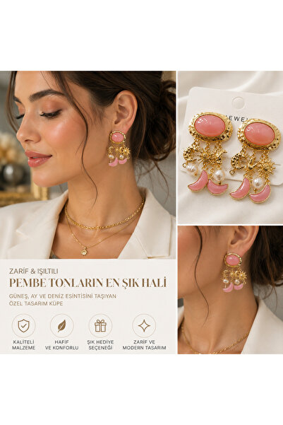 kasımoğulları concept Pink Stone Detailed Sun & Moon Figured Pearl Dangle Gol...