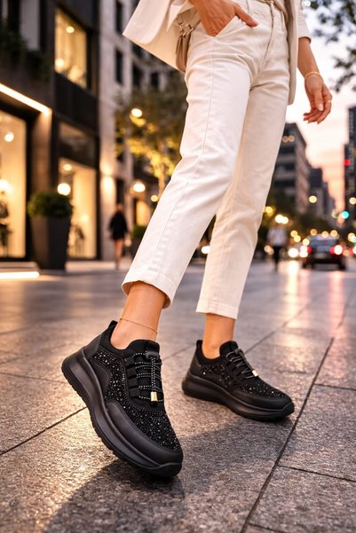 MİYASPORT Women's Shiny Stone Smart Lace-Up Sneaker High Comfort Comfortable Sole Sports Shoes
