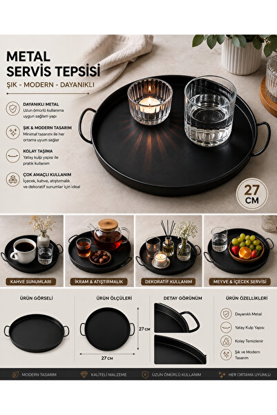 PALU GASTRO Metal Matte Black Serving Tray 27 cm Round with Handles Coffee Te...