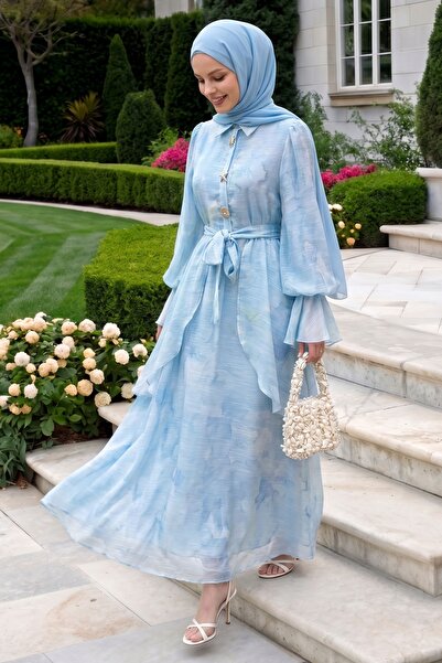 InStyle Soft Patterned Baby Blue Dress with Gold Buckle