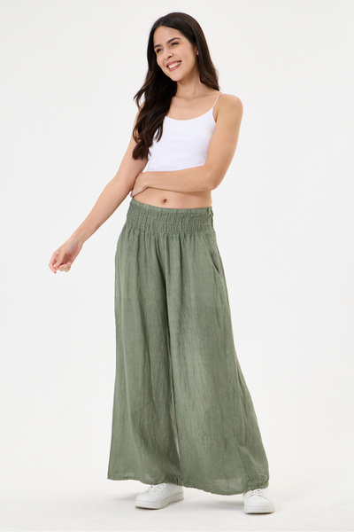 della moor Women's Khaki Italian 100% Linen Elastic Waist Wide Leg Palazzo Tr...
