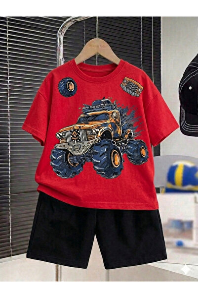 Minik mooda Monster Truck Temalı Baskılı Çocuk Kısa Kollu Yazlık Takım