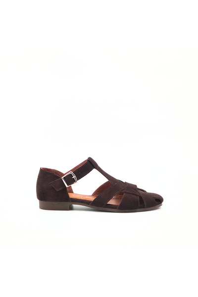 Folle Brown Suede Genuine Leather Women's Sandals with Buckle Flat Sole Casua...