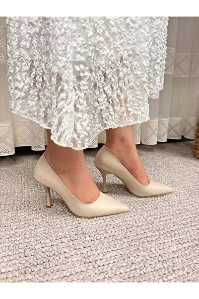 asmi shoes Women's Vita Beige Leather Thin Heels 9 cm Stiletto Beige