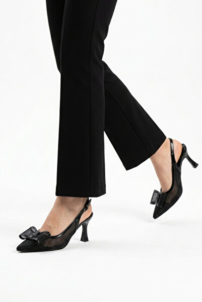 Eysha Noir Women's Black Bow Detailed Transparent Tulle Open-Back Heeled Shoe...