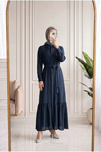MİHRA STORE Azende Front Pleated Sleeve End Double Buttoned Dress-Pa9882 Navy...