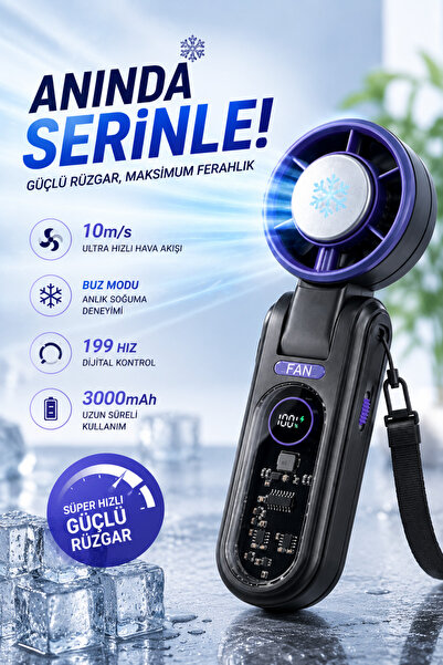 Yussraw Premium Turbo Buz Soğutmalı El Fanı 199 Kademe Ayarlı Askı İpli 3000- mAh Taşınabilir Soğutucu Fan