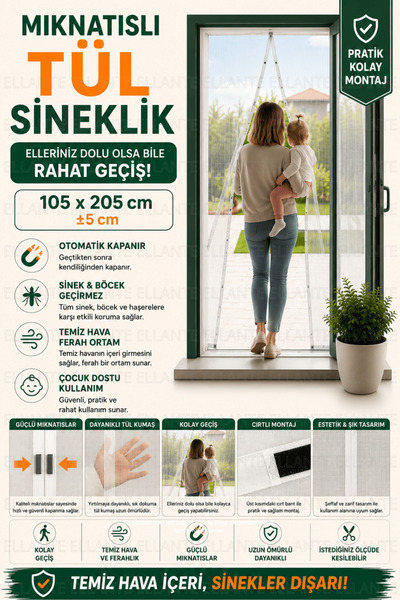 ellante Mıknatıslı Tül Sineklik 105x205 cm ±5 cm Kapı Sinekliği | Otomatik Ka...