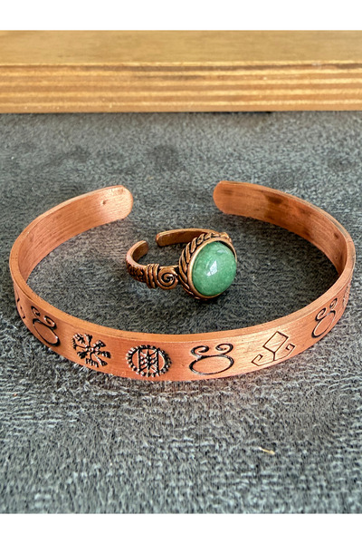 Rupen Kraft Handcrafted copper bracelet and natural stone ring set, adjustabl...
