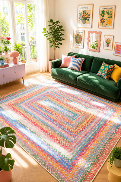 PINKIE HOME Dijital Baskı Hasır GÖRÜNÜMLÜ Kaymaz Yıkanabilir Renkli Salon Hal...