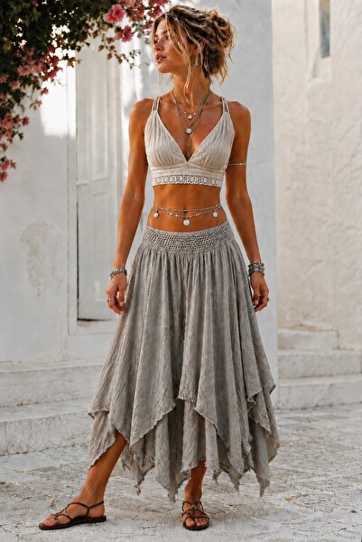 Boutique Juji BOHEM STİL ASİMETRİK KUM BEJİ KATMANLI ETEK