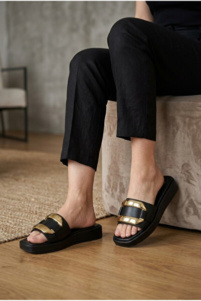 ShoeTek Whins Whus Women's Slippers with Flat Soles and Gold Buckle, Black Le...