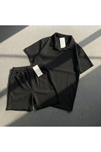 blucombin Men's Ribbed Polo T-Shirt and Shorts Set Ottoman Fabric Regular 2-P...