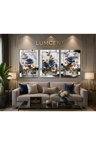 Lumcent Premium Gümüş Pleksi Çerçeveli 3 Parça MDF Duvar Tablosu | Mavi Çiçek...