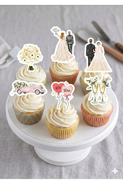 gökçem 12 li Gelin Damat Temalı Cupcake Süsü Kürdan Süsü Topper