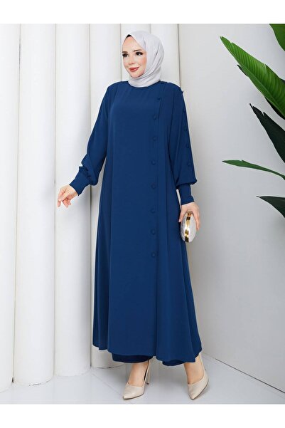 ElisaButik Plus Size Side Button Detailed Long Tunic Pants Set