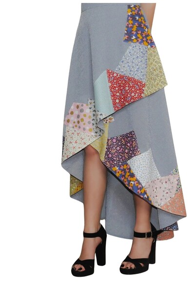 QuZeLLiK Patchwork Desenli Asimetrik Kesim Midi Etek