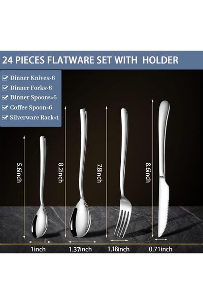NYGANMELLOZ 24 Piece Stainless Steel Cutlery Set with Stand Service for 6, Mi...