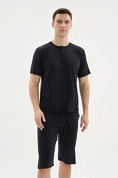 KLY PİJAMA Kly 26256 Men's Black Tencel/Tensel Half Buttoned Half Sleeve Pock...