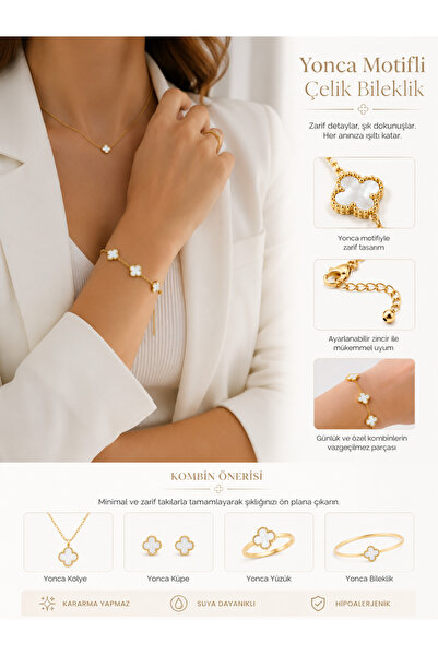 kasımoğulları concept Clover Motif Gold Color Stainless Steel Bracelet – Eleg...