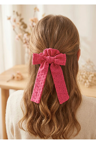 chipiques Scrunchie fucsia cu fundă brodată și coadă, stil festiv