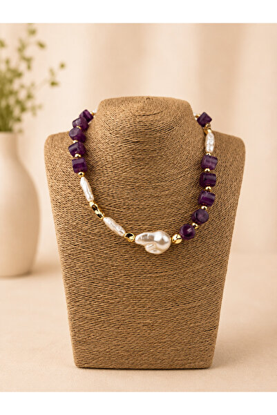 Takıtolia Azriel Purple Stone and Pearl Gold Beaded Design Stylish Necklace