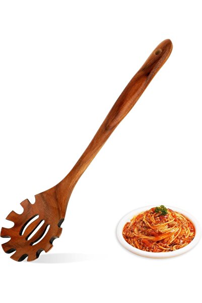 TERRIFI Wood Pasta Spoon, 13 Inch Long Hand Wooden Noodle Ladle, Slotted Spag...