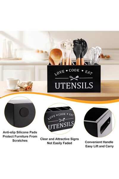 EXCEFORE Wooden Kitchen Utensil Holder with 4 Compartments & Drainage, Farmho...