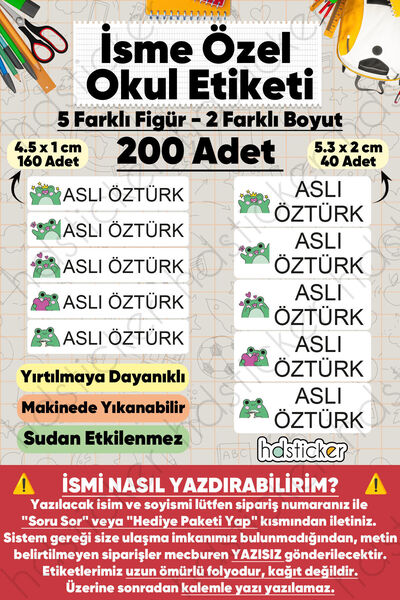 hdsticker 200 Adet Kurbağa Desenli İsme Özel Okul Etiketi Kişiye Özel İsim Ba...