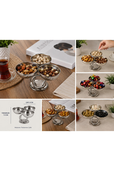 PALU GASTRO Stainless Steel 3-Compartment Snack Bowl with 8 cm Container for ...