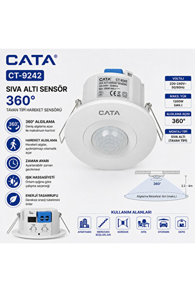 Cata CT-9242 Sıva Altı Hareket Sensörü 360° Tavan Tipi Sensörlü Anahtar