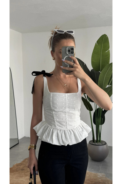 asfamoda Black Embroidered Scallop Blouse Women's Tie Strap Square Neck Peplu...