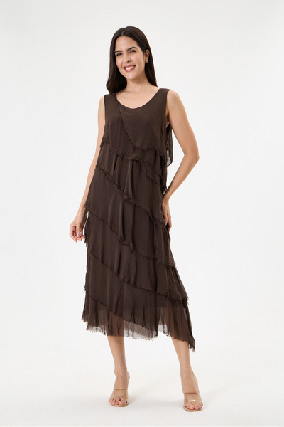 della moor Brown Italian Layered Lined Zero Sleeve Silk Dress 38 - 42 Size