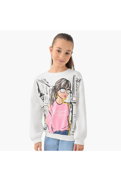 Juniors Graphic Print Sweatshirt with Long Sleeves