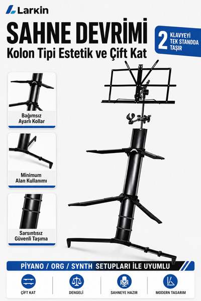Larkin KS600 İki Katlı Kolon Tipi Klavye Standı Nota Sehpalı Mikrofon Aparatl...