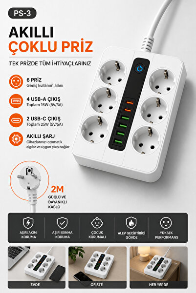 SAYMOND 6 Prizli Akıllı Uzatma Kablosu – 4 USB-A + 2 Type-C Hızlı Şarj Çıkışl...