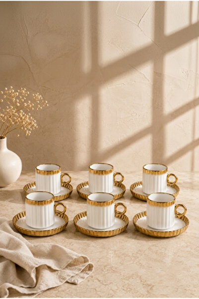 Vadi 6-Person Gold Gilded Porcelain Turkish Coffee Cup Set with Saucers