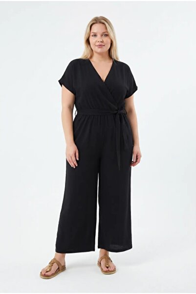 hazelin Women's Black Plus Size V-Neck Belted Ayrobin Jumpsuit Hzl26S-Zss160001