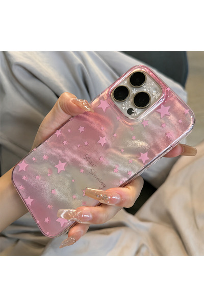 MustCase iPhone 14 Pro Max Uyumlu Pembe Yıldızlı Hologram Telefon Kılıfı Şeff...