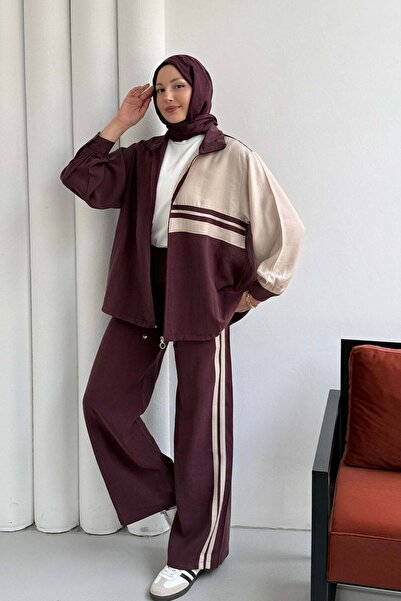 Modaensarbutik Yan Şerit Detaylı Fermuarlı Tesettür Takım-BORDO