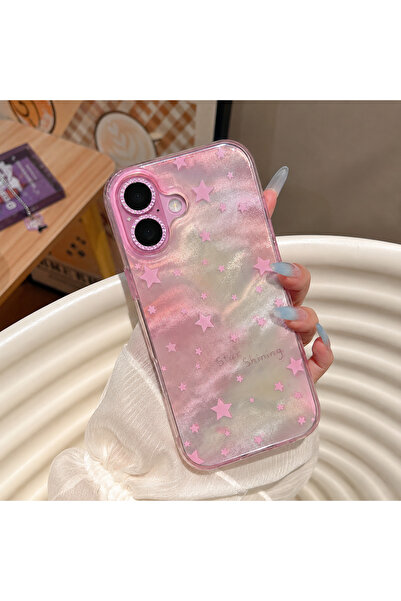 MustCase iPhone 17 Uyumlu Pembe Yıldızlı Hologram Telefon Kılıfı Şeffaf Simli...