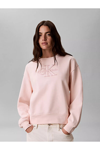 Calvin Klein Kadın Rahat Kesim CK Logo İşlemeli Yuvarlak Yakalı Uzun Kollu Pe...