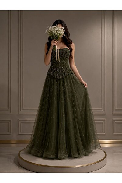 dalaa Two Tone Evening Dress White and Olive Green